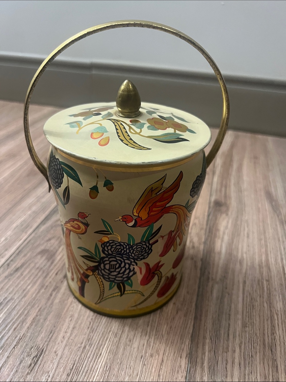 Vintage Murray-Allen Cream Floral & Bird Decorative Tin Canister Gold Handle